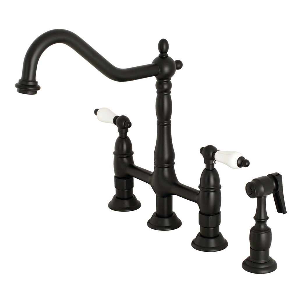 Heritage Two-Handle 4-Hole Deck Mount Bridge Kitchen Faucet with Brass Side Sprayer