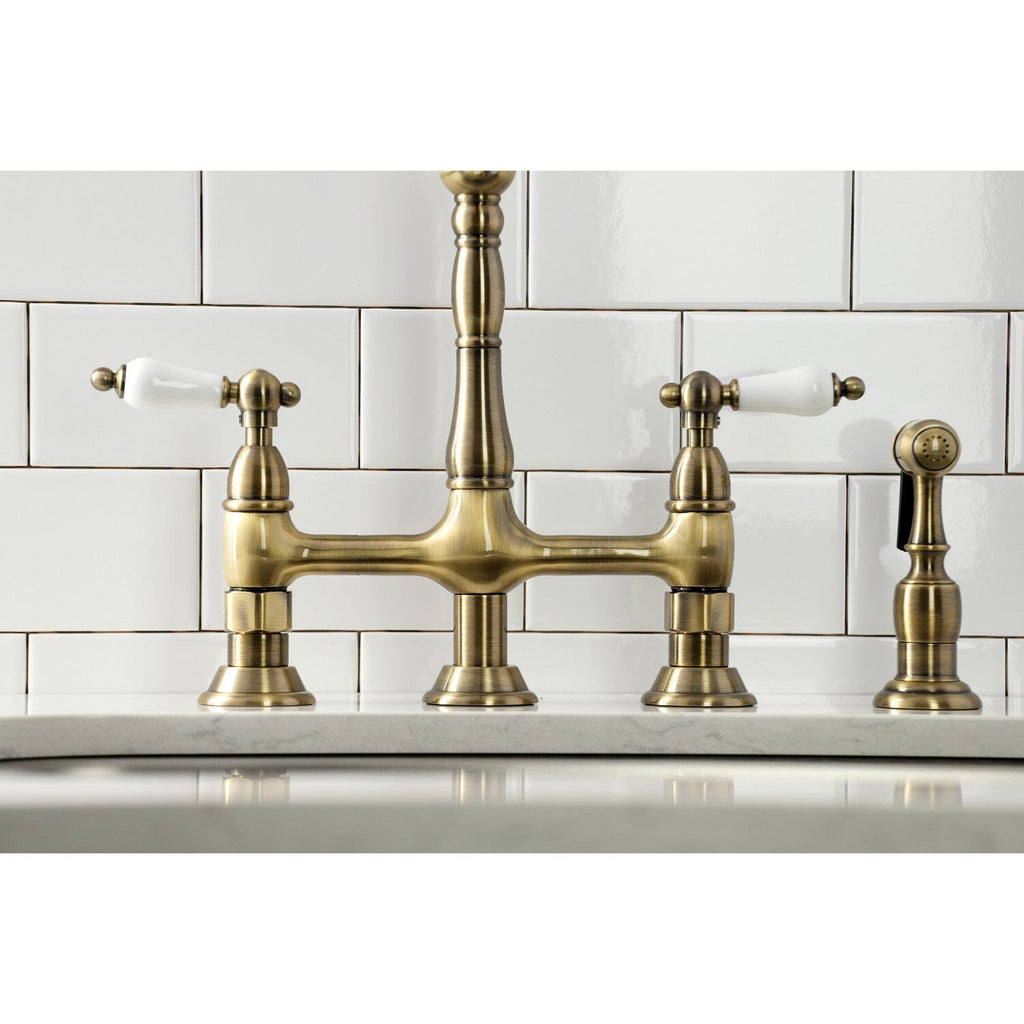 Heritage Two-Handle 4-Hole Deck Mount Bridge Kitchen Faucet with Brass Side Sprayer
