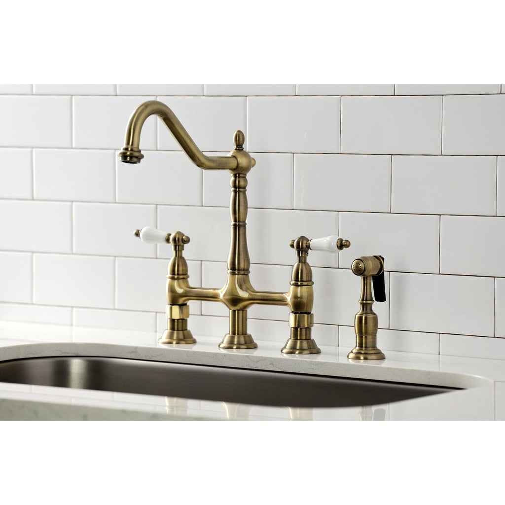 Heritage Two-Handle 4-Hole Deck Mount Bridge Kitchen Faucet with Brass Side Sprayer