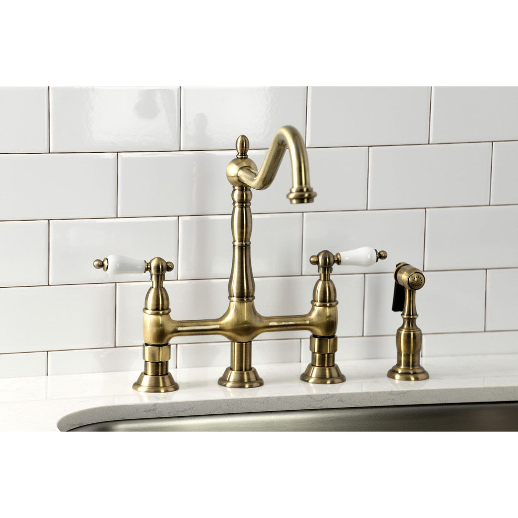 Heritage Two-Handle 4-Hole Deck Mount Bridge Kitchen Faucet with Brass Side Sprayer