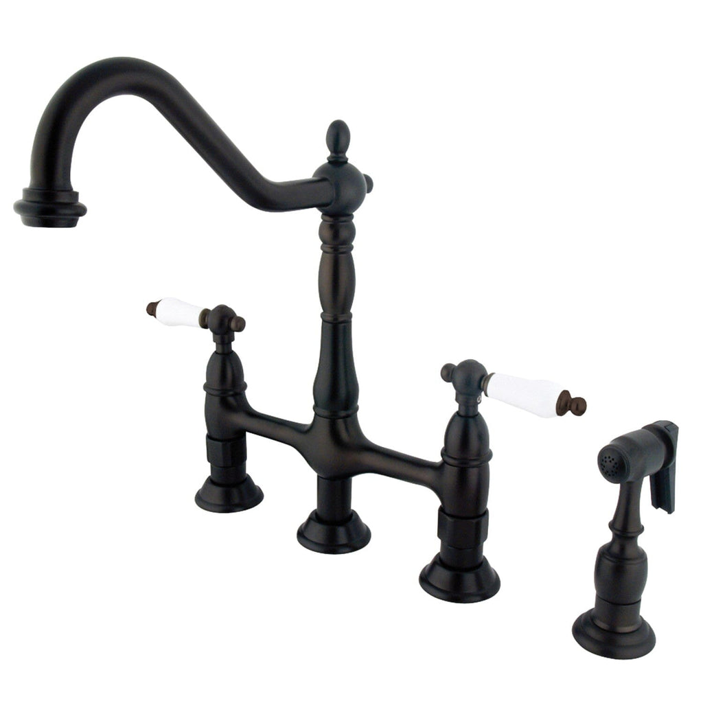 Heritage Two-Handle 4-Hole Deck Mount Bridge Kitchen Faucet with Brass Side Sprayer