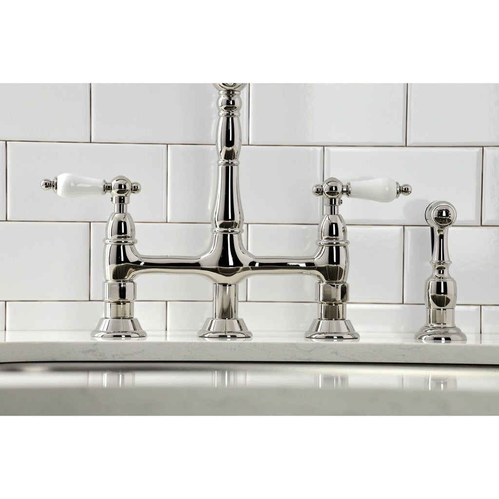 Heritage Two-Handle 4-Hole Deck Mount Bridge Kitchen Faucet with Brass Side Sprayer