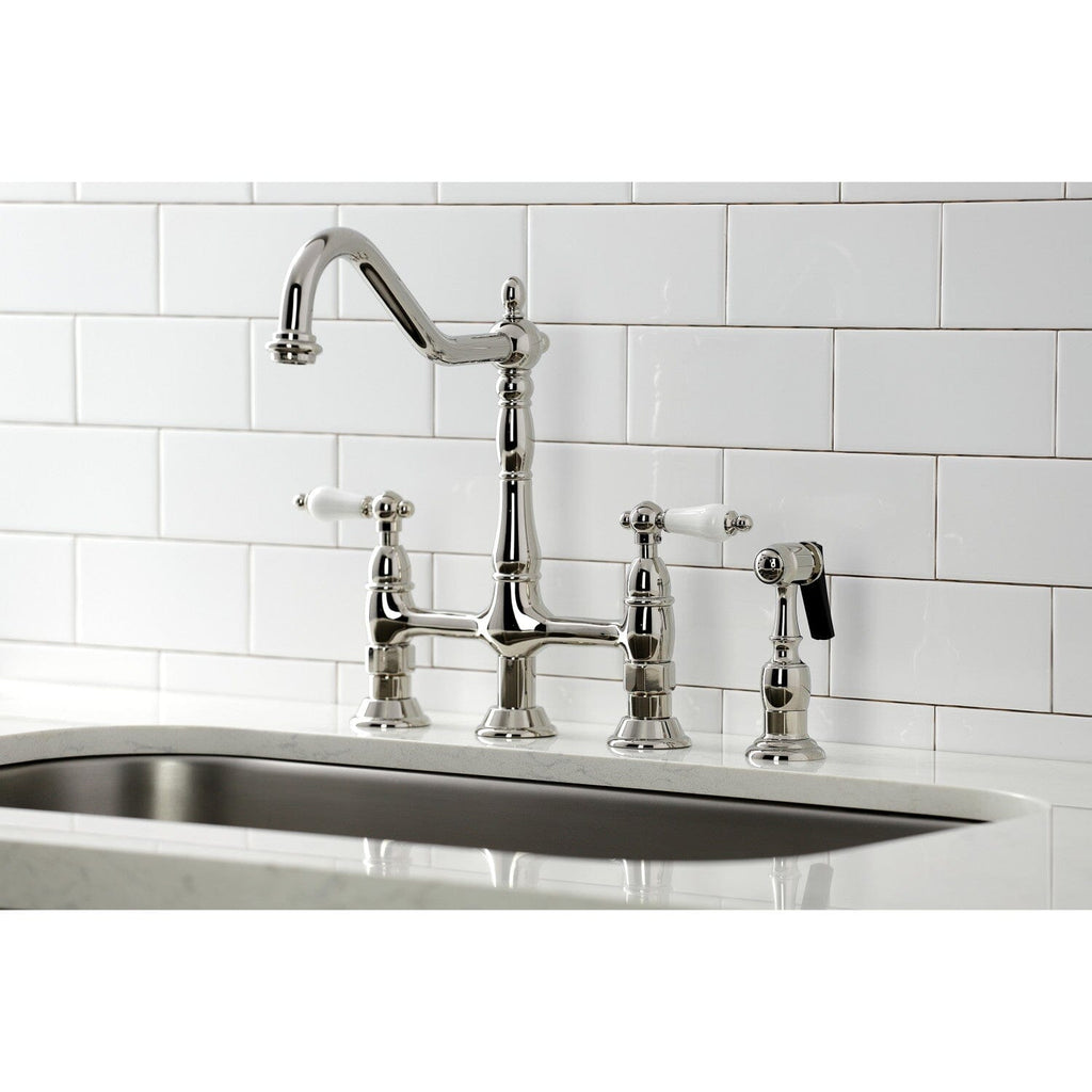 Heritage Two-Handle 4-Hole Deck Mount Bridge Kitchen Faucet with Brass Side Sprayer