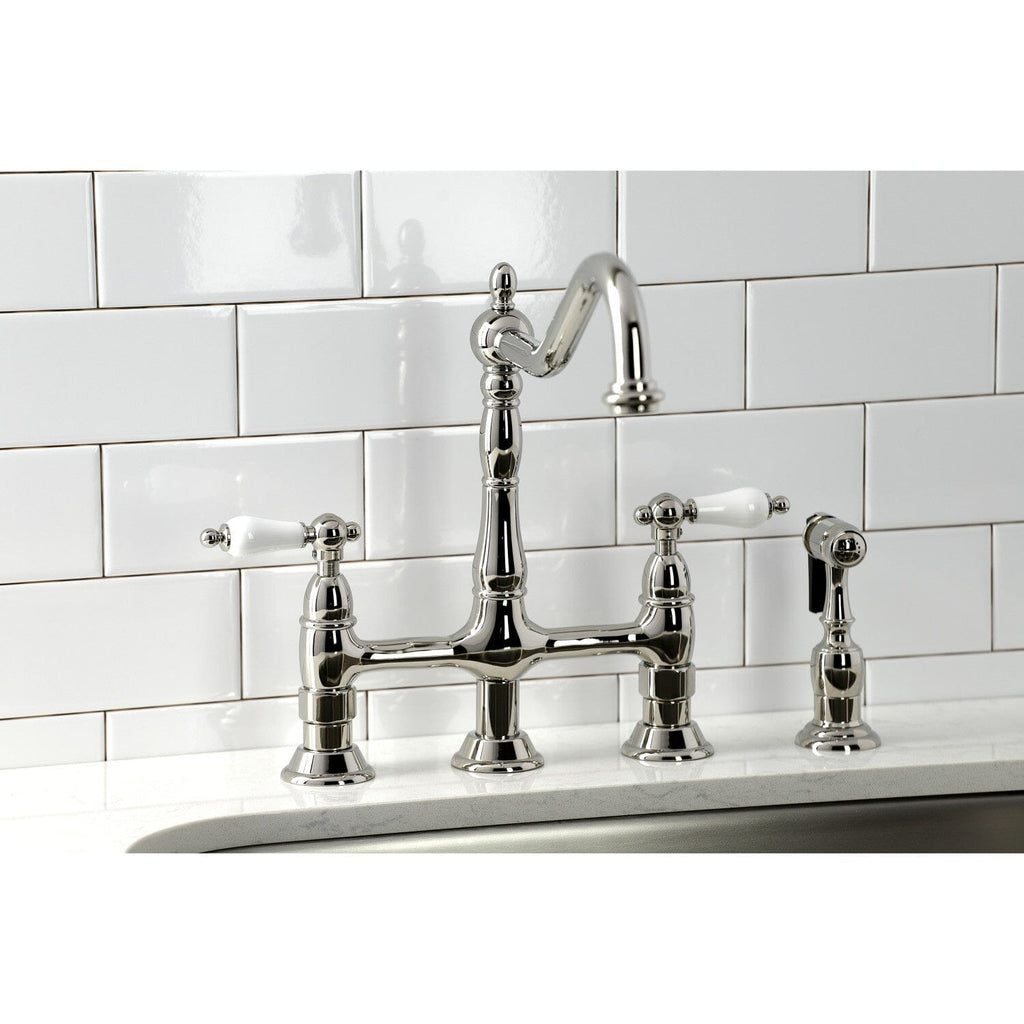Heritage Two-Handle 4-Hole Deck Mount Bridge Kitchen Faucet with Brass Side Sprayer