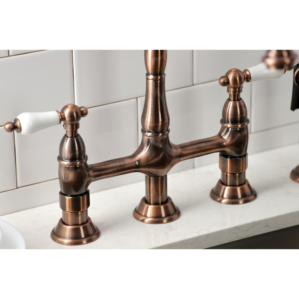 Heritage Two-Handle 4-Hole Deck Mount Bridge Kitchen Faucet with Brass Side Sprayer