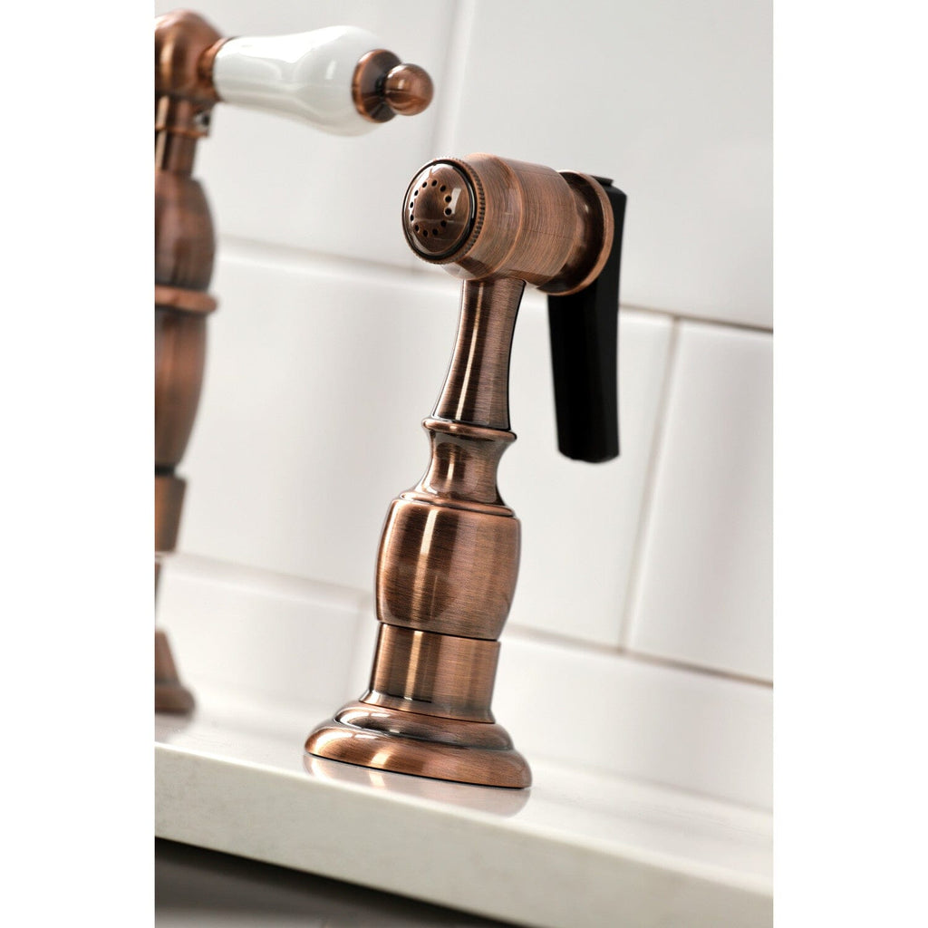 Heritage Two-Handle 4-Hole Deck Mount Bridge Kitchen Faucet with Brass Side Sprayer