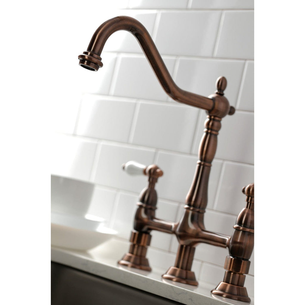 Heritage Two-Handle 4-Hole Deck Mount Bridge Kitchen Faucet with Brass Side Sprayer