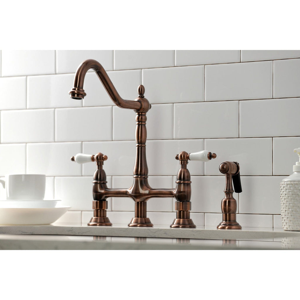 Heritage Two-Handle 4-Hole Deck Mount Bridge Kitchen Faucet with Brass Side Sprayer