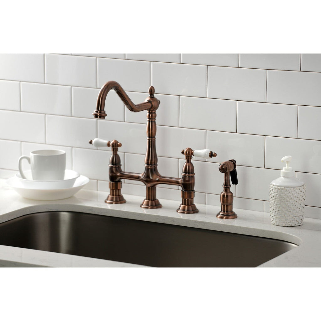 Heritage Two-Handle 4-Hole Deck Mount Bridge Kitchen Faucet with Brass Side Sprayer