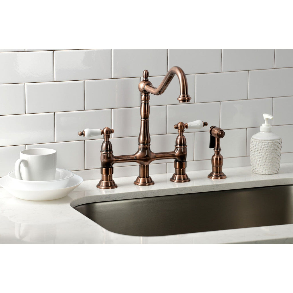 Heritage Two-Handle 4-Hole Deck Mount Bridge Kitchen Faucet with Brass Side Sprayer