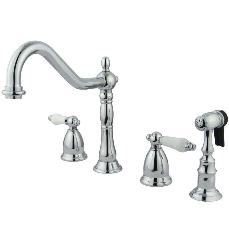 Heritage Double-Handle 4-Hole Widespread Kitchen Faucet with Brass Sprayer