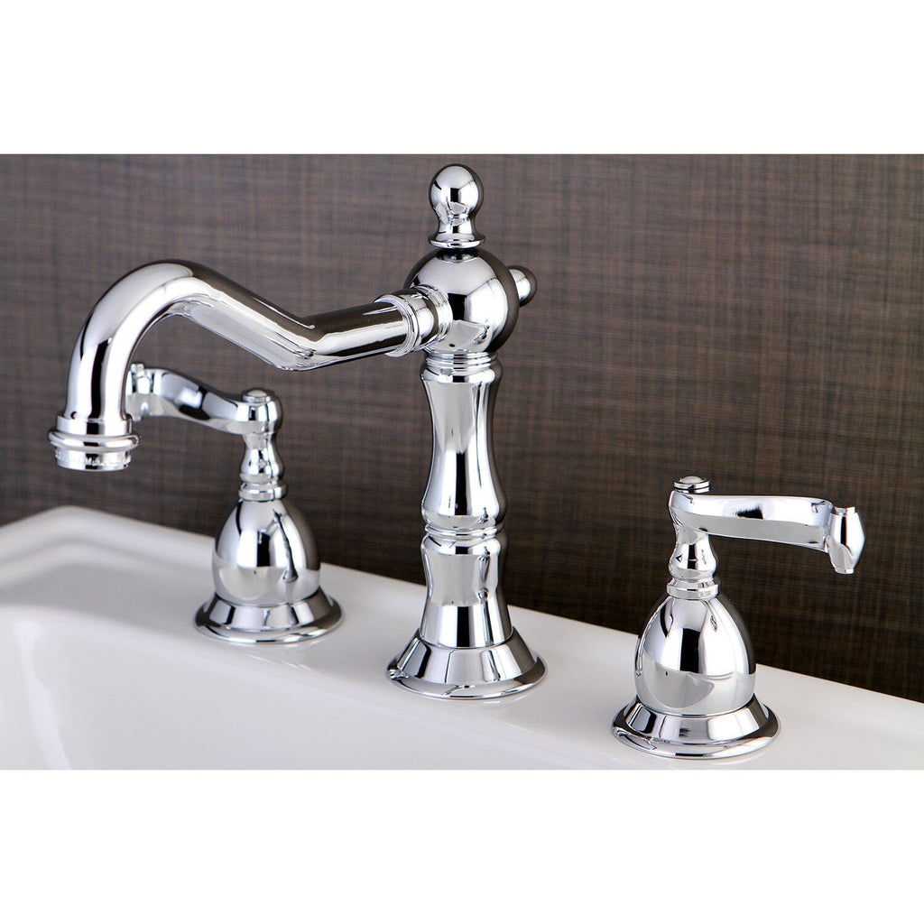 Heritage Two-Handle 3-Hole Deck Mount Widespread Bathroom Faucet with Brass Pop-Up