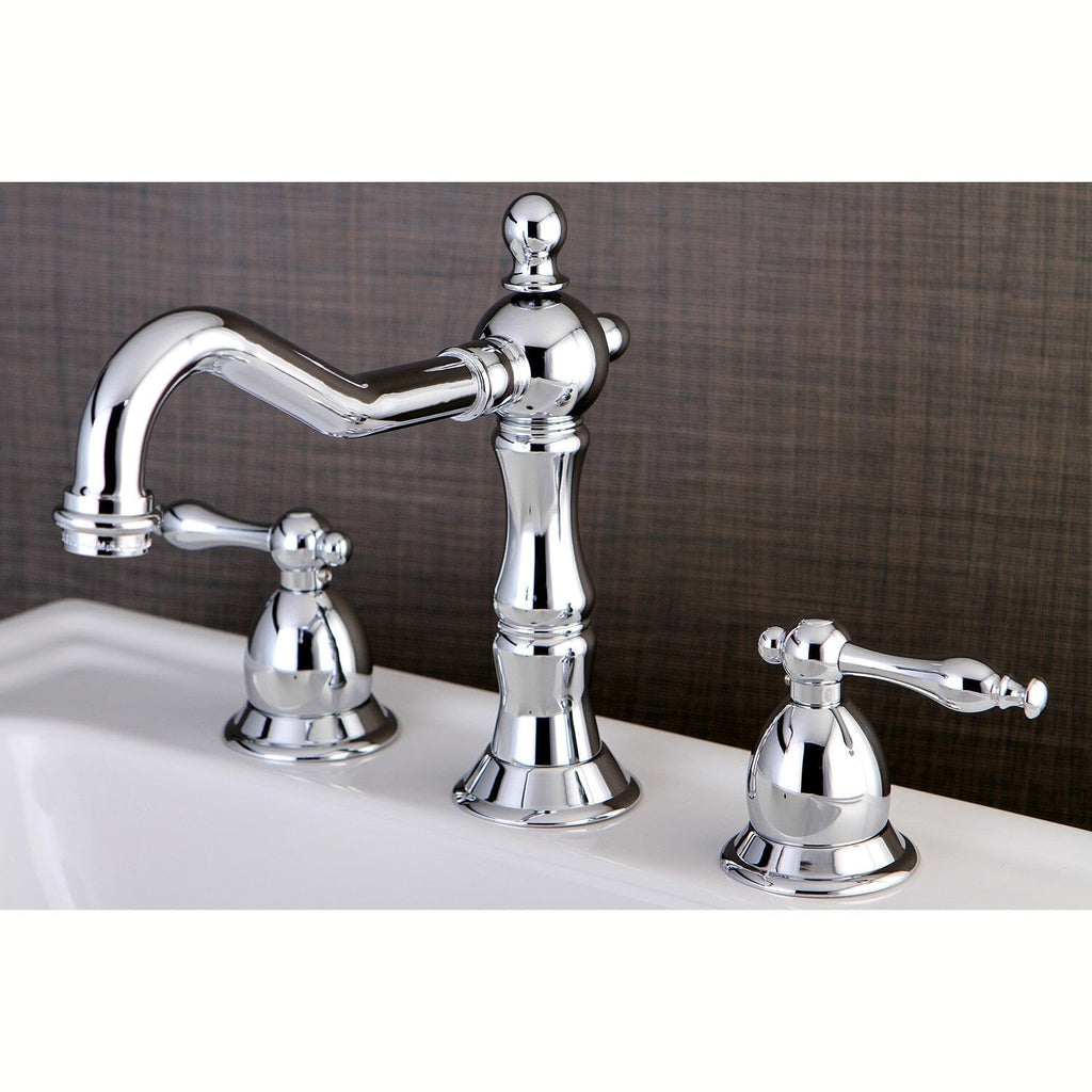 Heritage Two-Handle 3-Hole Deck Mount Widespread Bathroom Faucet with Brass Pop-Up