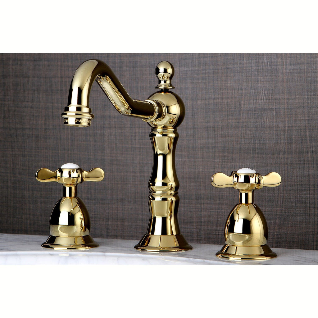 Essex Two-Handle 3-Hole Deck Mount Widespread Bathroom Faucet with Brass Pop-Up