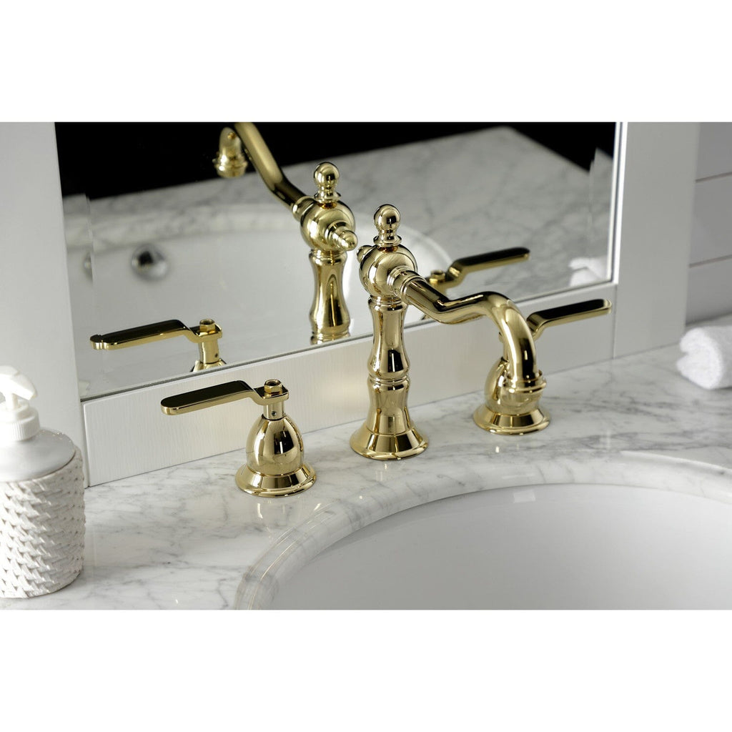Whitaker Two-Handle 3-Hole Deck Mount Widespread Bathroom Faucet with Brass Pop-Up