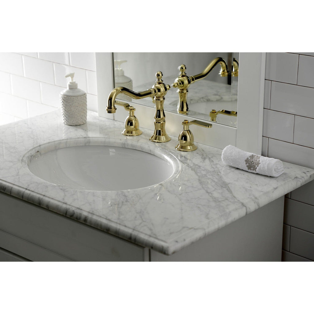 Whitaker Two-Handle 3-Hole Deck Mount Widespread Bathroom Faucet with Brass Pop-Up