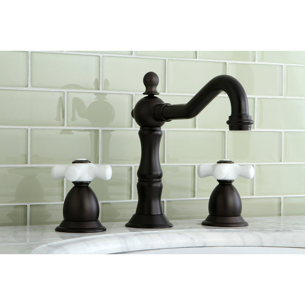 Heritage Two-Handle 3-Hole Deck Mount Widespread Bathroom Faucet with Brass Pop-Up