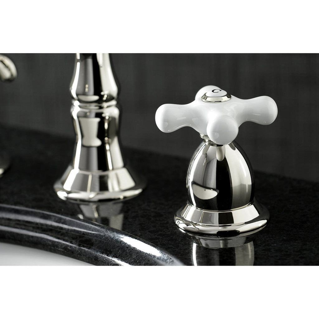 Heritage Two-Handle 3-Hole Deck Mount Widespread Bathroom Faucet with Brass Pop-Up