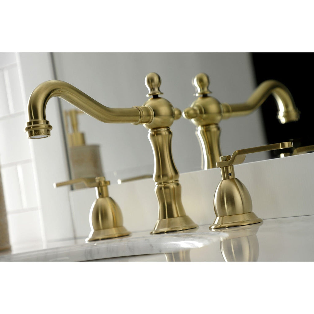 Whitaker Two-Handle 3-Hole Deck Mount Widespread Bathroom Faucet with Brass Pop-Up
