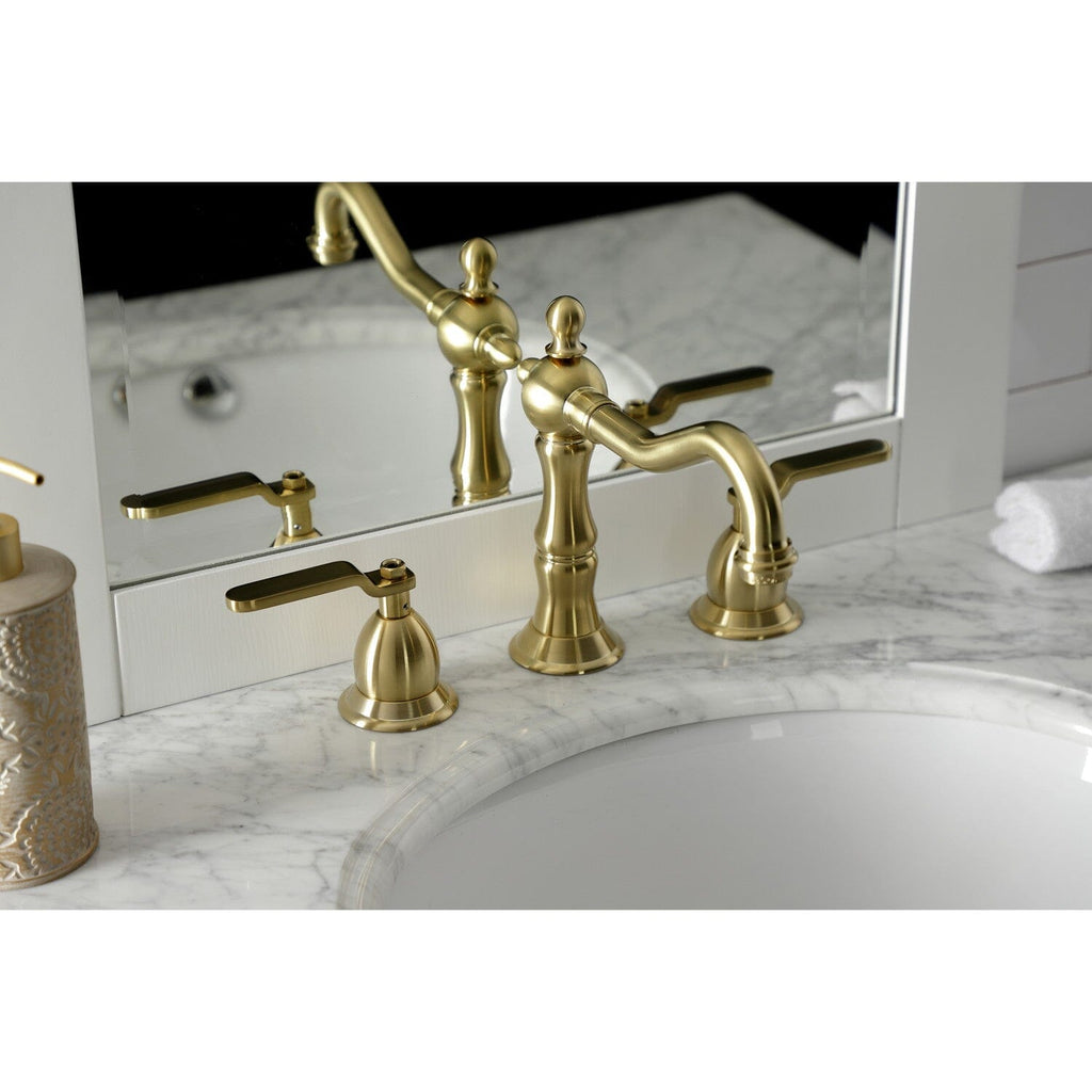 Whitaker Two-Handle 3-Hole Deck Mount Widespread Bathroom Faucet with Brass Pop-Up