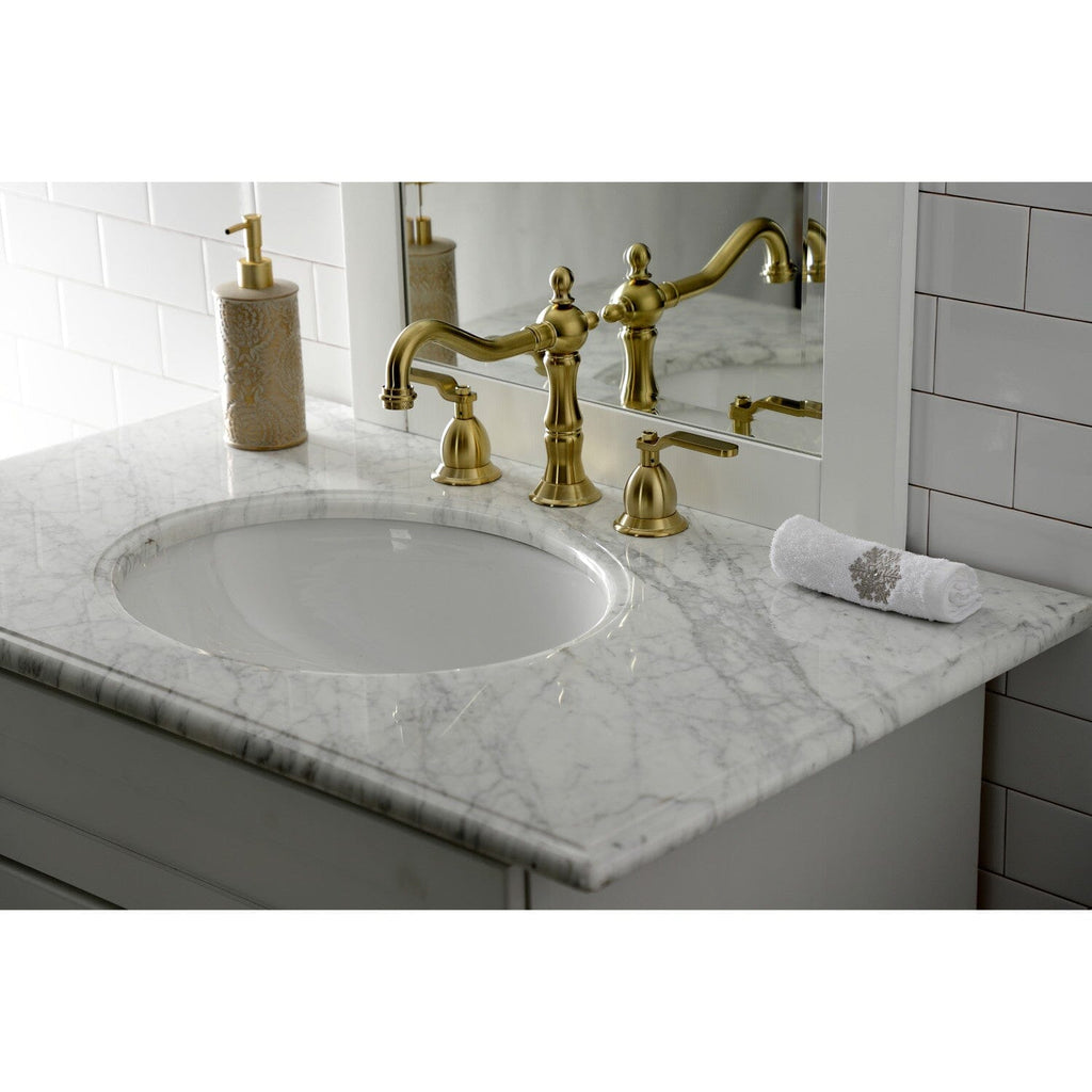 Whitaker Two-Handle 3-Hole Deck Mount Widespread Bathroom Faucet with Brass Pop-Up