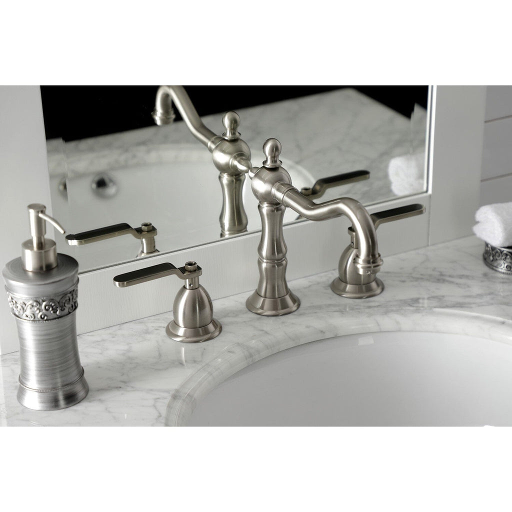Whitaker Two-Handle 3-Hole Deck Mount Widespread Bathroom Faucet with Brass Pop-Up