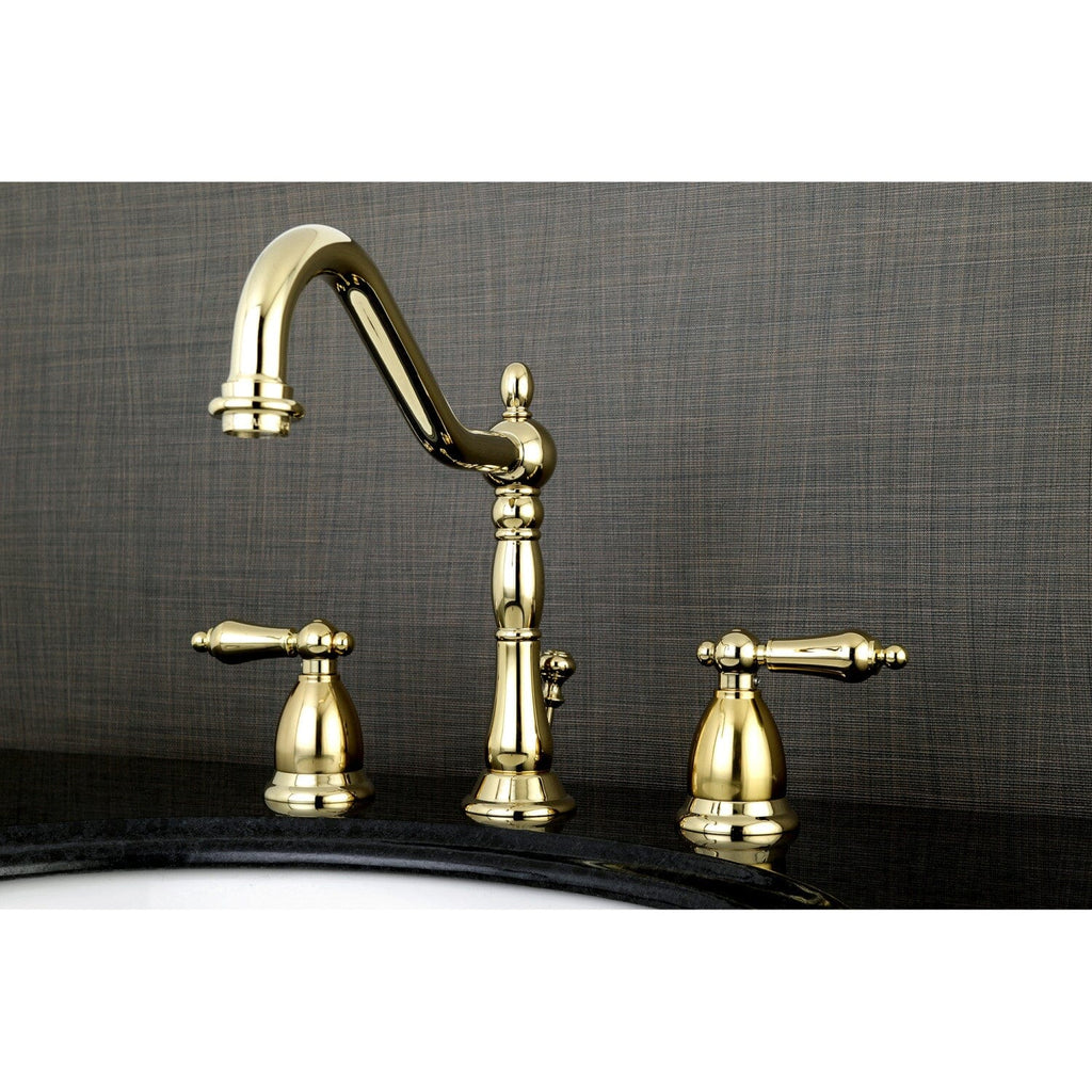 Heritage Two-Handle 3-Hole Deck Mount Widespread Bathroom Faucet with Brass Pop-Up