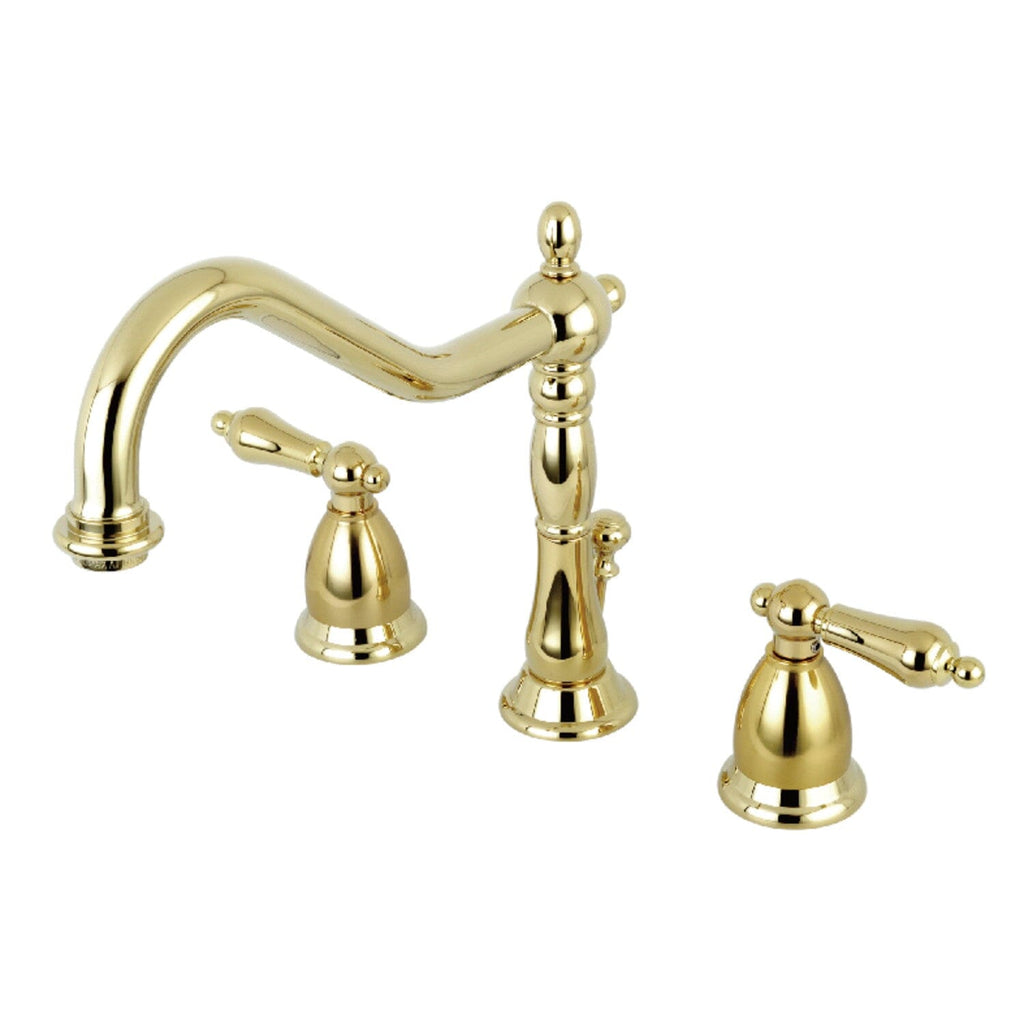 Heritage Two-Handle 3-Hole Deck Mount Widespread Bathroom Faucet with Brass Pop-Up
