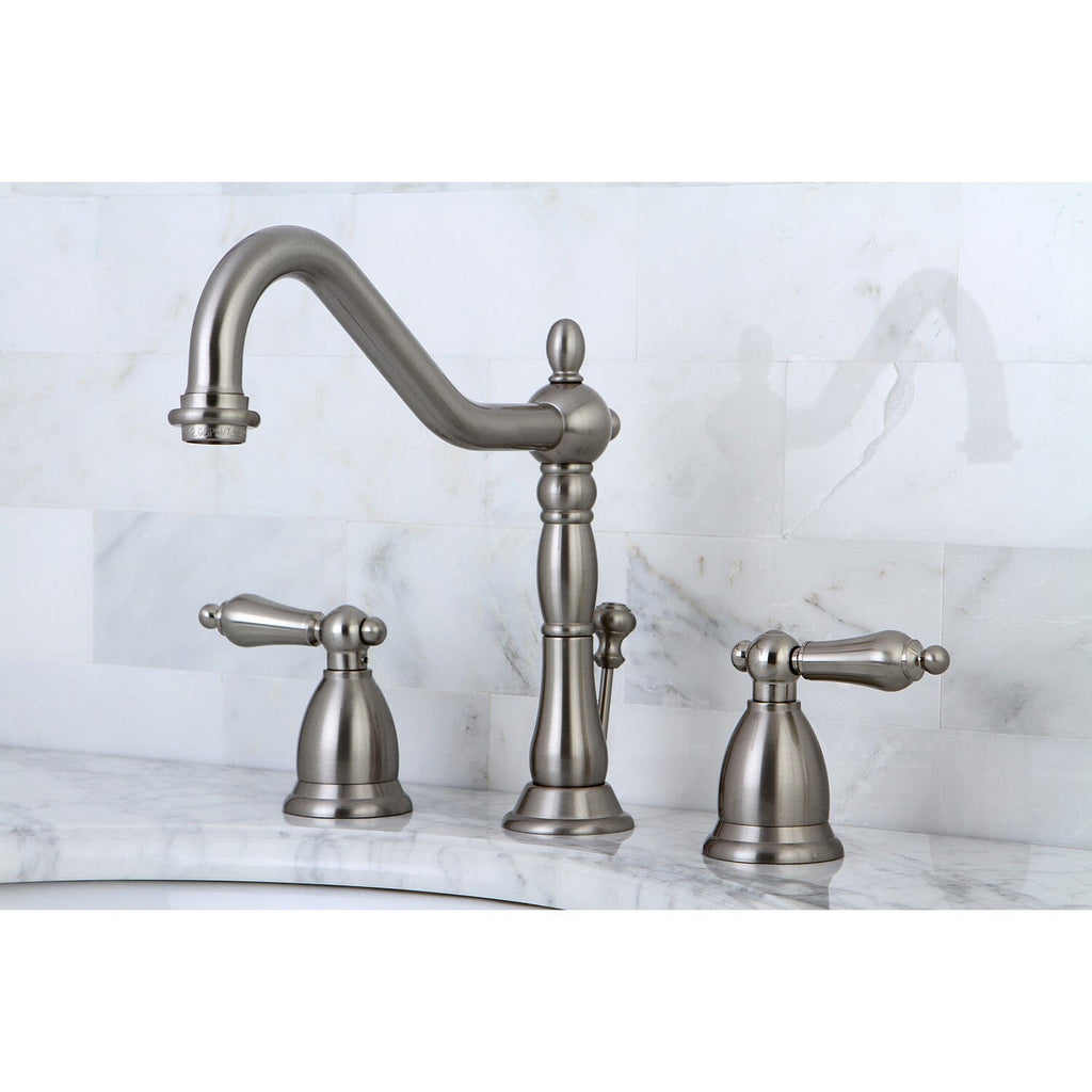 Heritage Two-Handle 3-Hole Deck Mount Widespread Bathroom Faucet with Brass Pop-Up