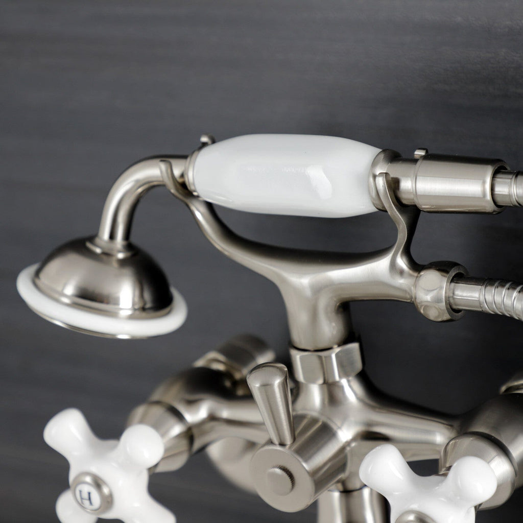 Kingston Three-Handle 2-Hole Wall Mount Clawfoot Tub Faucet with Hand Shower