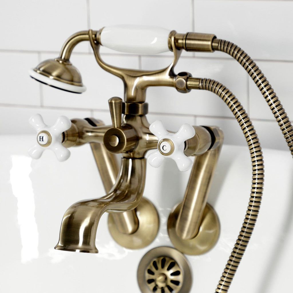 Kingston Three-Handle 2-Hole Tub Wall Mount Clawfoot Tub Faucet with Hand Shower