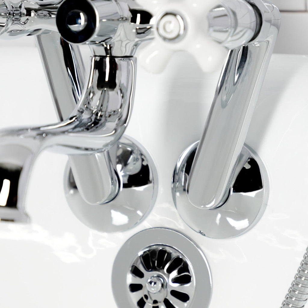 Kingston Three-Handle 2-Hole Tub Wall Mount Clawfoot Tub Faucet with Hand Shower