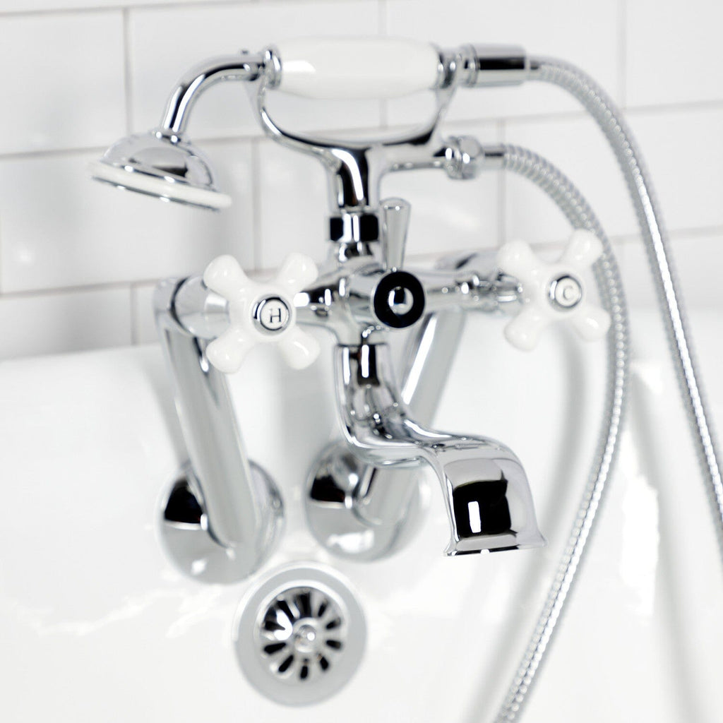 Kingston Three-Handle 2-Hole Tub Wall Mount Clawfoot Tub Faucet with Hand Shower
