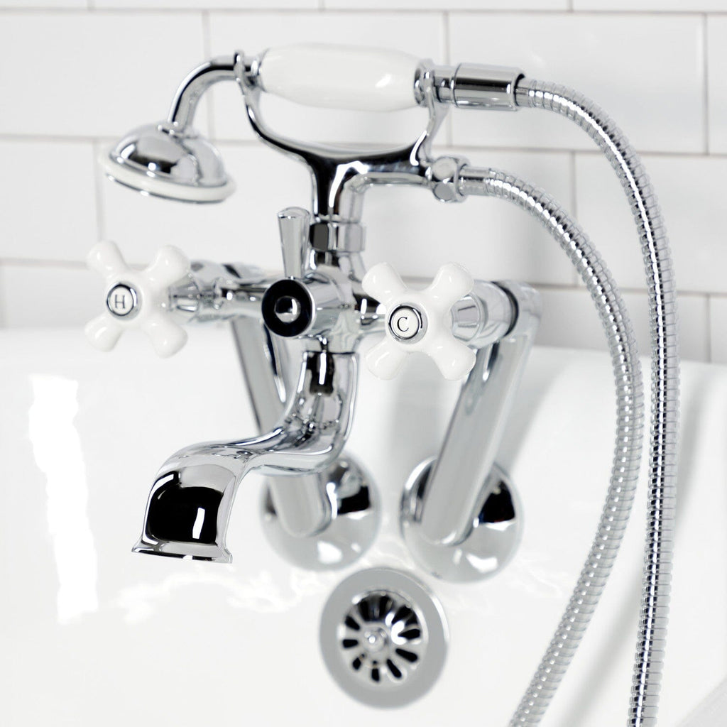 Kingston Three-Handle 2-Hole Tub Wall Mount Clawfoot Tub Faucet with Hand Shower