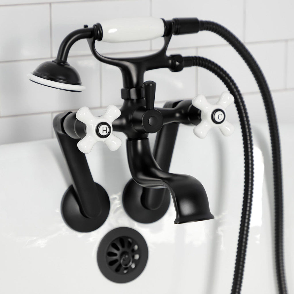 Kingston Three-Handle 2-Hole Tub Wall Mount Clawfoot Tub Faucet with Hand Shower