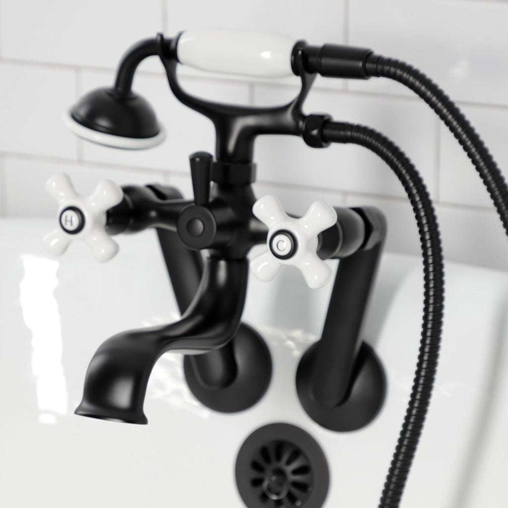 Kingston Three-Handle 2-Hole Tub Wall Mount Clawfoot Tub Faucet with Hand Shower
