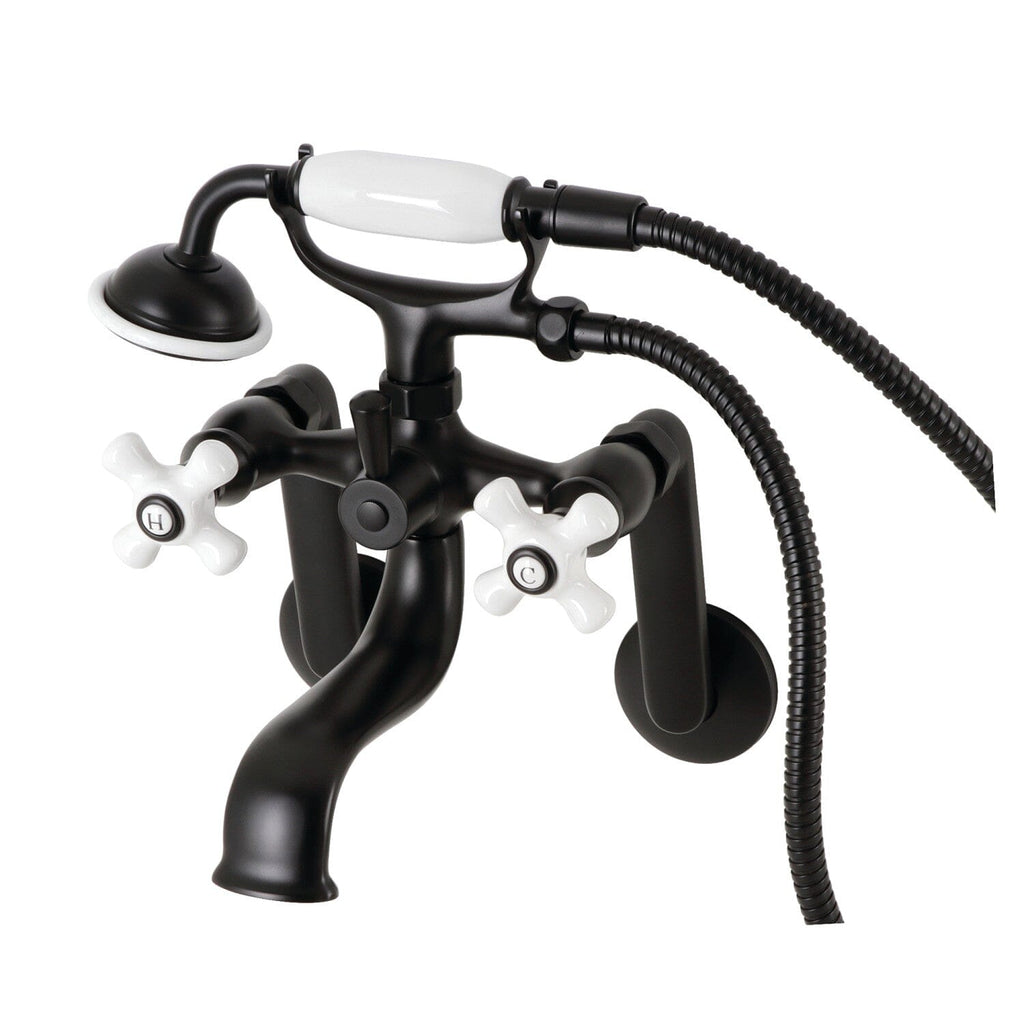 Kingston Three-Handle 2-Hole Tub Wall Mount Clawfoot Tub Faucet with Hand Shower