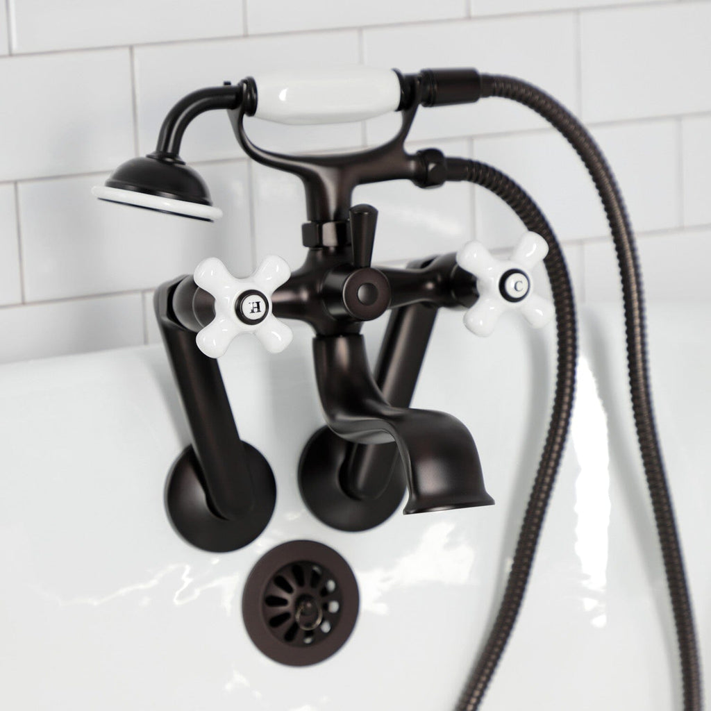 Kingston Three-Handle 2-Hole Tub Wall Mount Clawfoot Tub Faucet with Hand Shower