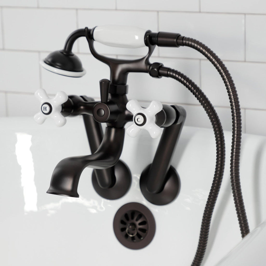 Kingston Three-Handle 2-Hole Tub Wall Mount Clawfoot Tub Faucet with Hand Shower