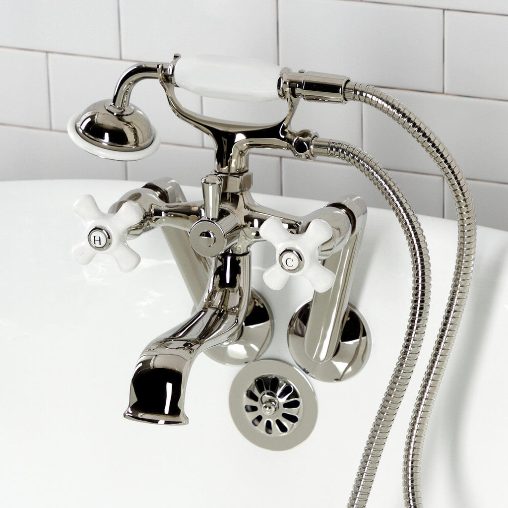 Kingston Three-Handle 2-Hole Tub Wall Mount Clawfoot Tub Faucet with Hand Shower