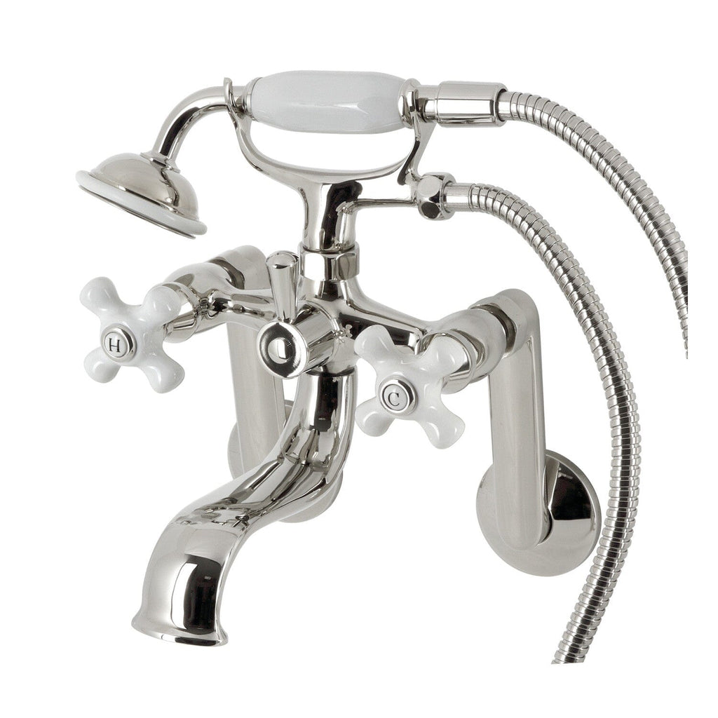 Kingston Three-Handle 2-Hole Tub Wall Mount Clawfoot Tub Faucet with Hand Shower