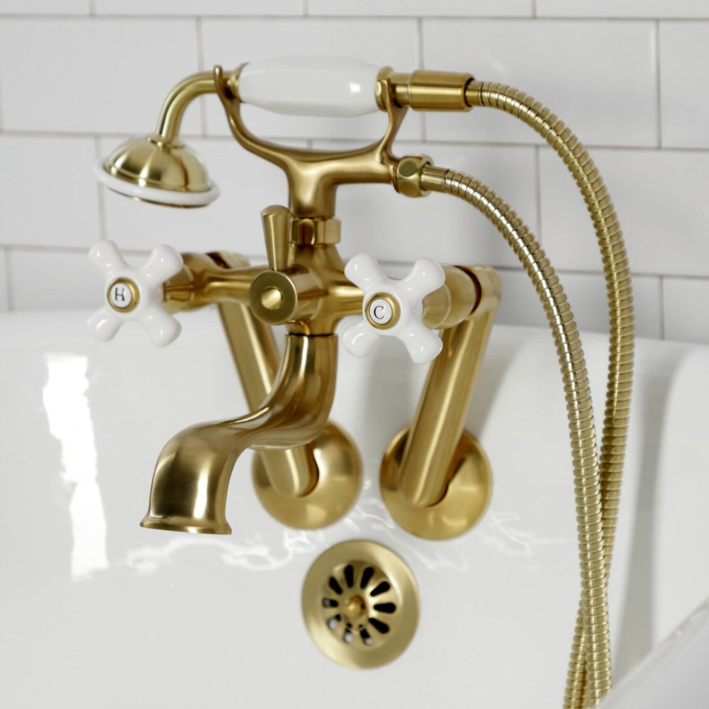 Kingston Three-Handle 2-Hole Tub Wall Mount Clawfoot Tub Faucet with Hand Shower