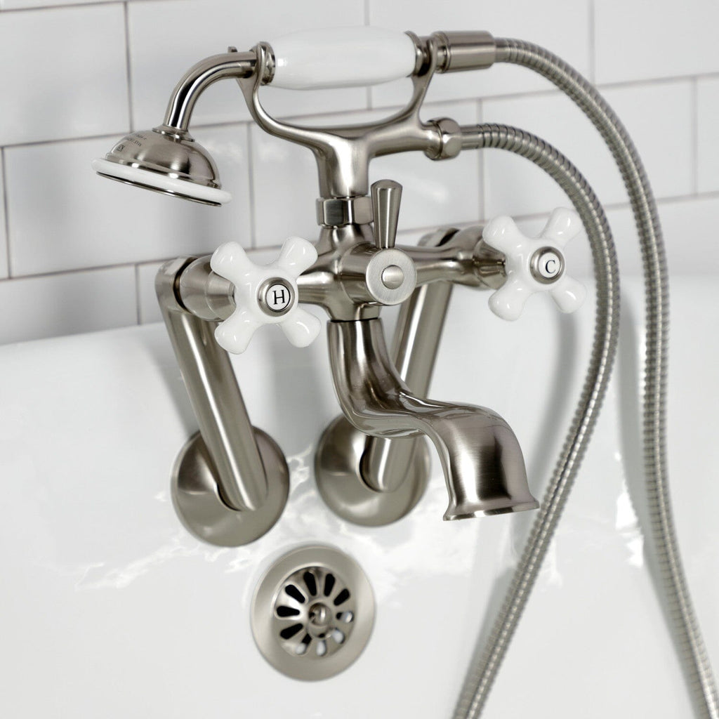 Kingston Three-Handle 2-Hole Tub Wall Mount Clawfoot Tub Faucet with Hand Shower