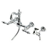 Heritage Double-Handle 3-Hole Wall-Mount Bridge Kitchen Faucet with Brass Sprayer