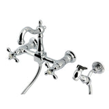 Heritage Double-Handle 3-Hole Wall-Mount Bridge Kitchen Faucet with Brass Sprayer