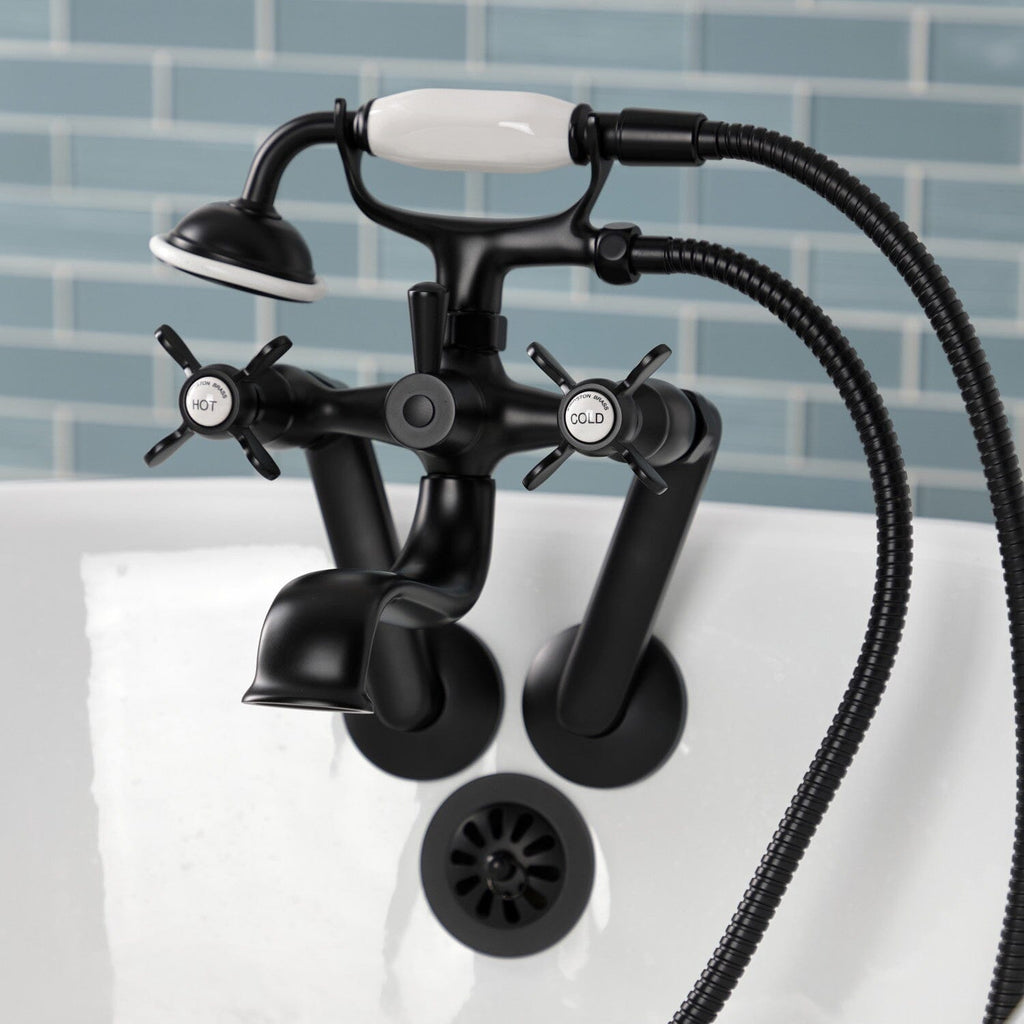 Kingston Three-Handle 2-Hole Tub Wall Mount Clawfoot Tub Faucet with Hand Shower