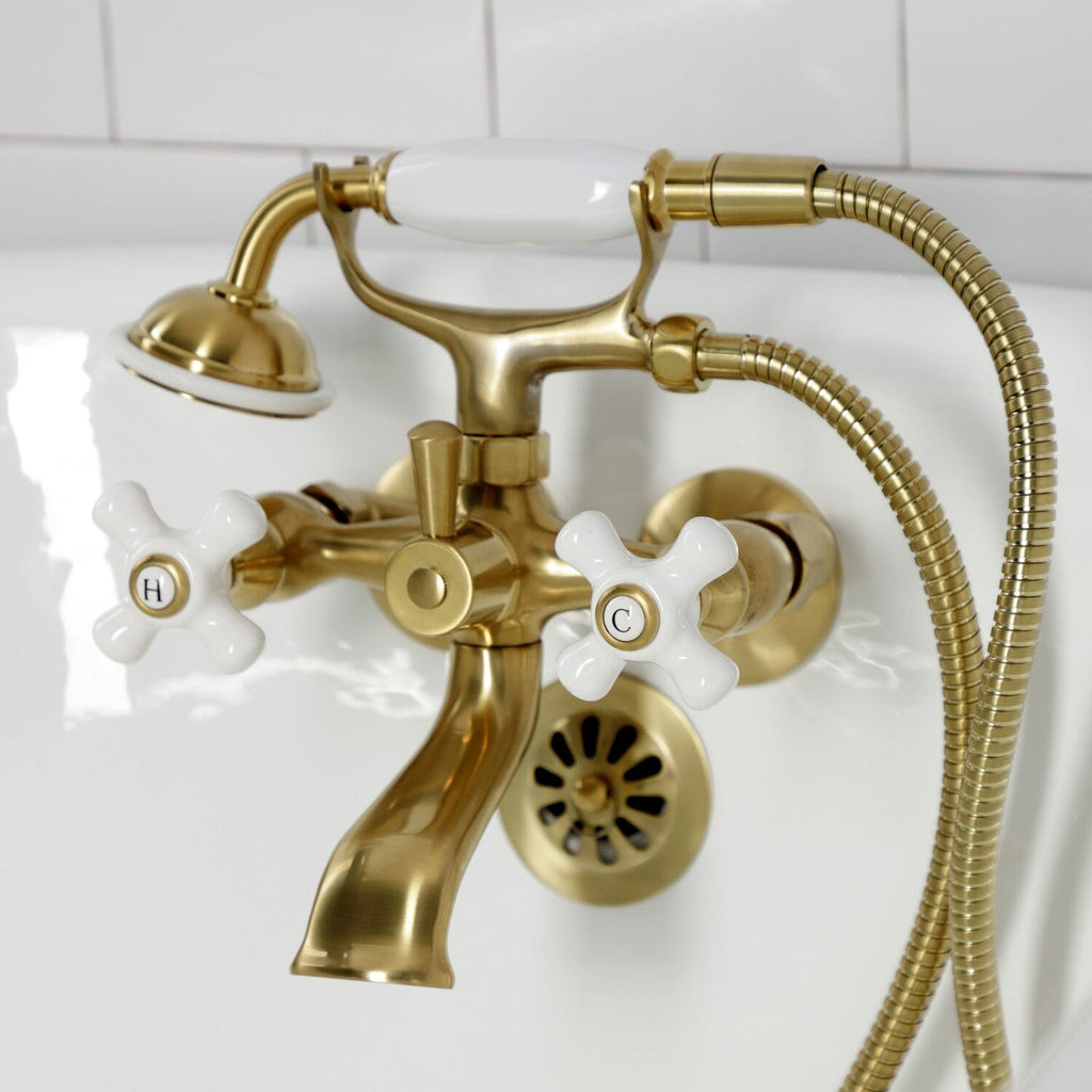 Kingston Three-Handle 2-Hole Tub Wall Mount Clawfoot Tub Faucet with Hand Shower