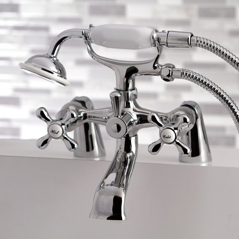 Kingston Three-Handle 2-Hole Deck-Mount Clawfoot Tub Faucet with Hand Shower