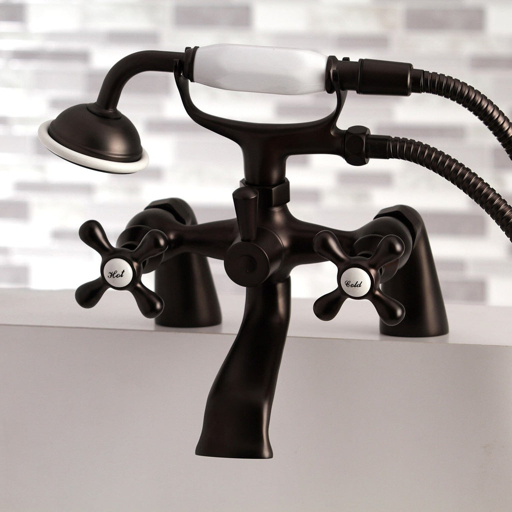 Kingston Three-Handle 2-Hole Deck-Mount Clawfoot Tub Faucet with Hand Shower