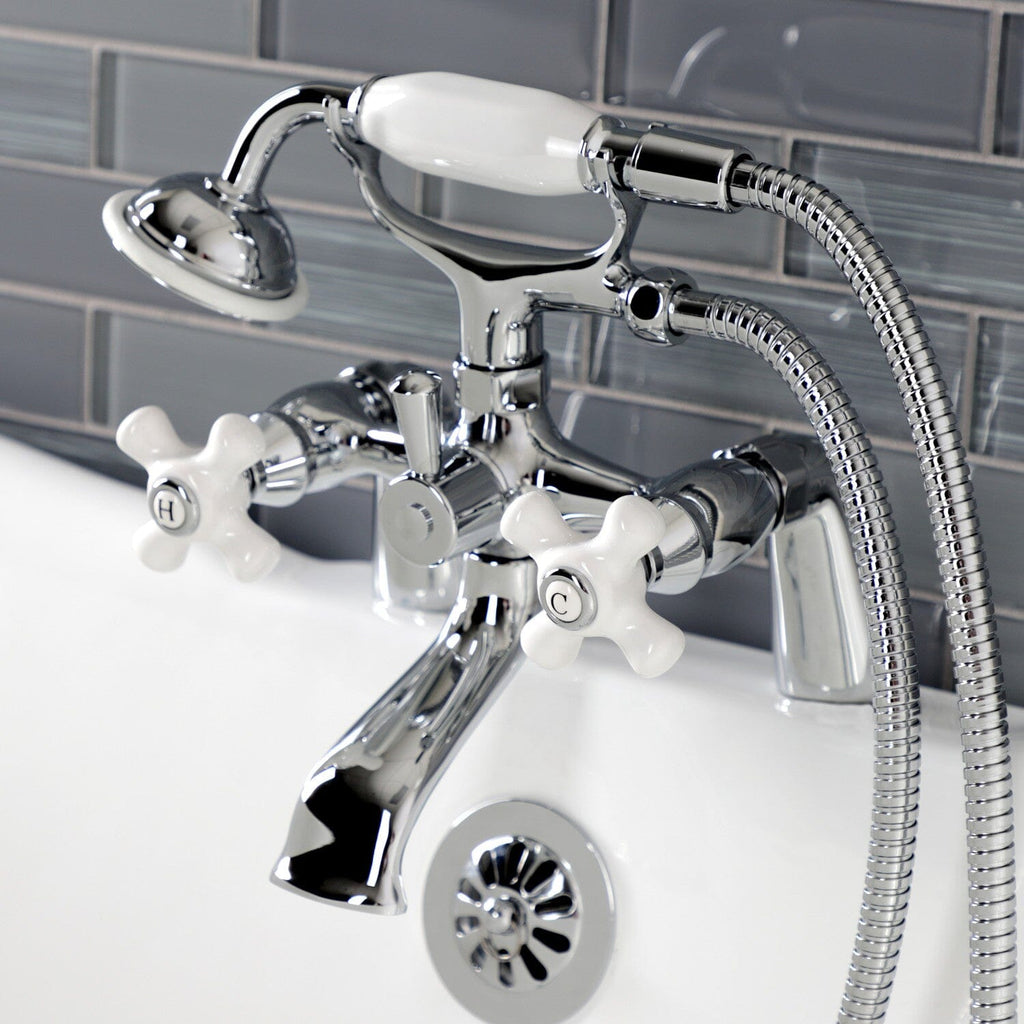 Kingston Three-Handle 2-Hole Deck-Mount Clawfoot Tub Faucet with Hand Shower